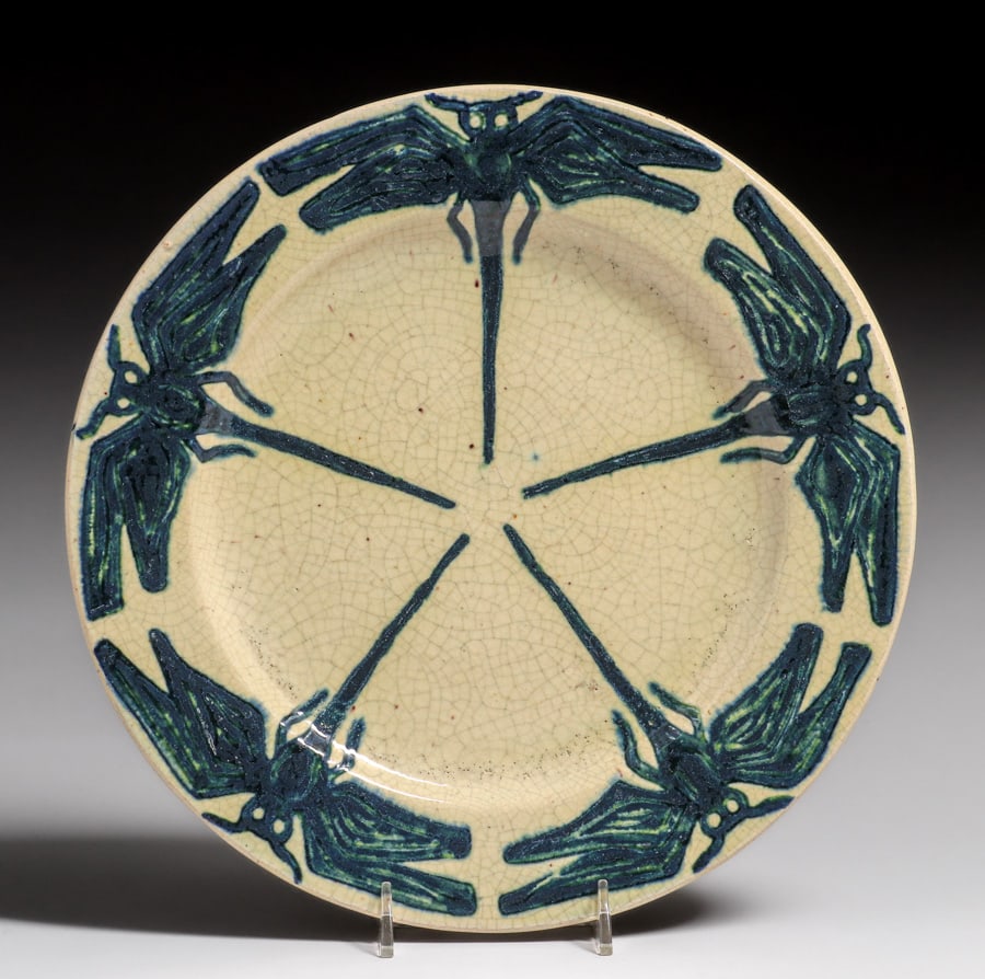 Rare Early Pewabic Pottery Iridescent Crackleware Dragonfly Plate c1905
