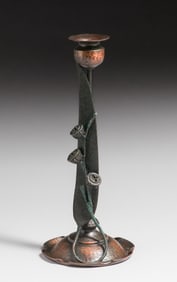 Fred Brosi - Old Mission Kopper Kraft Hammered Copper & Bronze Eucalyptus Candlestick c1922-1925
