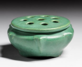 Weller Bedford Matte Green Bowl & Flower Frog Lid c1910