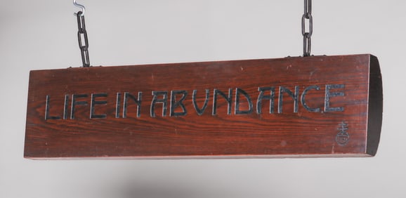 Roycroft "LIFE IN ABUNDANCE" Hand-Carved Half Log Motto c1905