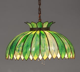 John Morgan Curved Glass Green & White Chandelier c1910