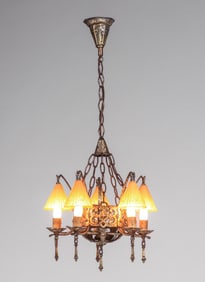 Spanish Revival  - Art Deco Period Brass Candle Lamp Chandelier c1920s