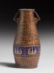 WMF - German Hammered Copper & Enamel Two-Handled Vase c1905