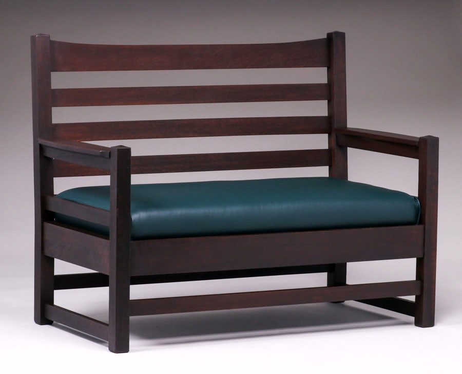 Early Gustav Stickley #161 Ladderback Bench Settle c1902: Early Gustav Stickley #161 Ladderback Bench Settle c1902. Unsigned. Very nicely refinished. Rock solid sturdy. 50.25"w x 38.75"h x 25.25"d FREE NATIONWIDE SHIPPING for all of your purchases at our Two