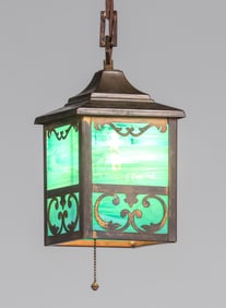 Arts & Crafts Period Cutout Brass & Slag Glass Hanging Light c1910s