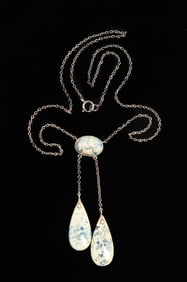 Arts & Crafts Period Sterling Silver Cabochon Agate Drop Necklace c1910