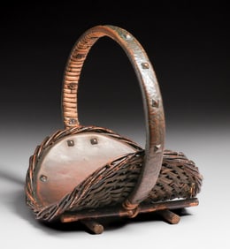 Small Dirk van Erp Willow Log Basket Hammered Copper Warty Handle & Copper Liner c1917-1920