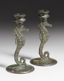 Arts & Crafts Period Bronze Seahorse Candlesticks c1920s