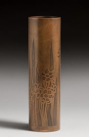 Arts & Crafts Period Prairie School Acid-Etched Brass Cylinder Vase c1920