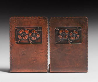 Early Craftsman Studios - Brooklyn, NY Hammered Copper Floral Bookends c1917-1920