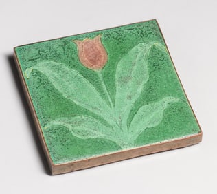 Grueby Faience Copper Framed Three-Color Tulip Tile c1905