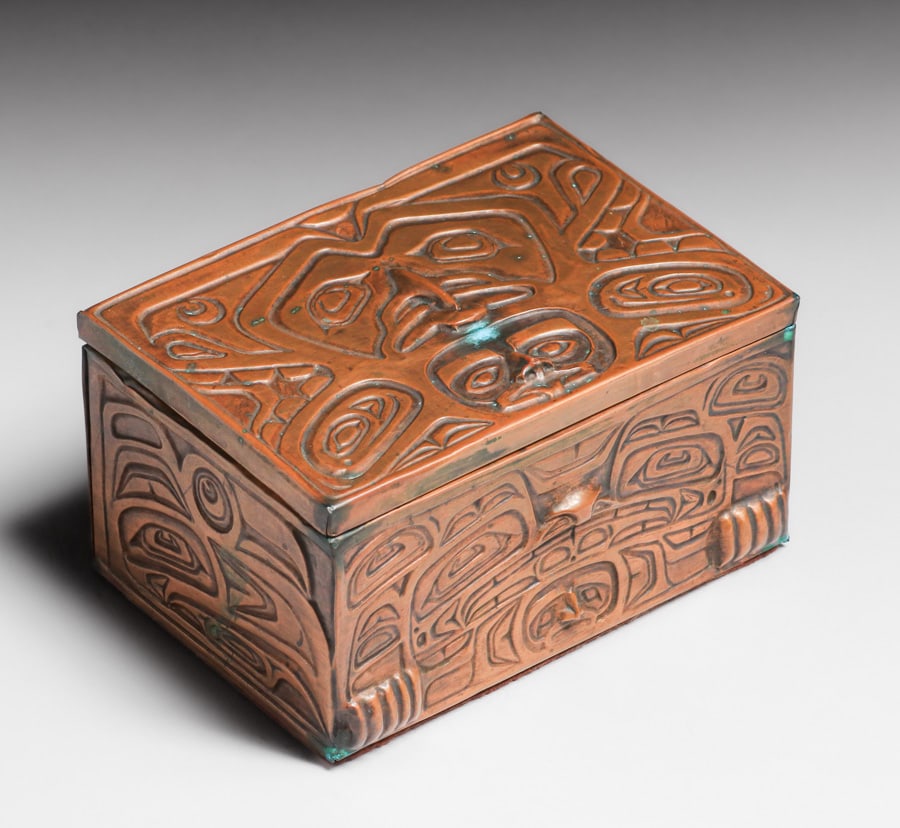Northwest Coast Embossed Copper Chest c1980s: Northwest Coast Embossed Copper Chest c1980s. Unsigned. Excellent original patina. 5.75"w x 4" x 3 1/8"h FREE NATIONWIDE SHIPPING for all of your purchases at our Two Day Auction within the lower 48 s