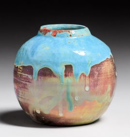 Small Pewabic Pottery Iridescent Blue Drip Vase c1920s