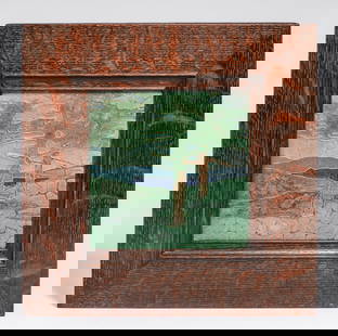 Grueby Faience Pine Trees Tile c1906: Grueby Faience Pine Trees Tile c1906. Unsigned. Perfect condition. This form shows the influence of Arthur Wesley Dow. Tim Holton custom frame. 6” square. Frame 10 5/8" x 10 5/8". FREE NATIONWID