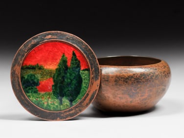 Boston Arts & Crafts Hammered Copper & Enamel Covered Box c1910s