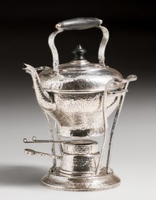 Joseph Heinrichs Silver-Plated Hammered Copper Teapot & Stand c1910
