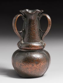Canadian Arts & Crafts Hammered Copper Three-Handled Vase c1910
