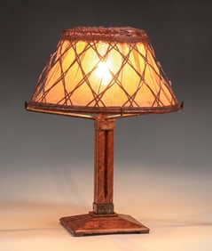 Gustav Stickley Oak & Japanese Wicker Lamp c1910