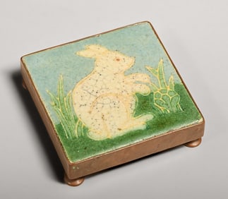 Grueby - Boston Handicraft Shop Hammered Copper Framed Trivet Tile c1905