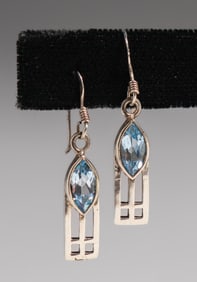 Contemporary Arts & Crafts Secessionist Sterling Silver & Blue Topaz Earrings c1990s
