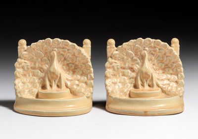 Rookwood Pottery #2445 Peacock Bookends 1924