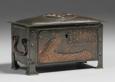 English Arts & Crafts Peacock Repousse Box 1904
