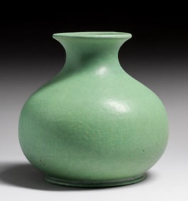 Large Teco Pottery Matte Green Bulbous Vase c1910