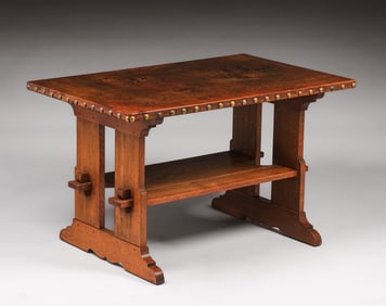 L&JG Stickley 48" Leather-Top Trestle Table c1908-1912