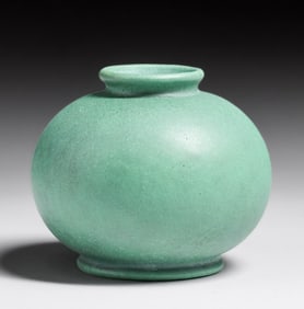 Small Teco Pottery Matte Green Bulbous Vase c1910