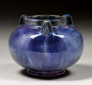 Fulper Pottery Bulbous Three-Handled Purple Blue Vase c1910s