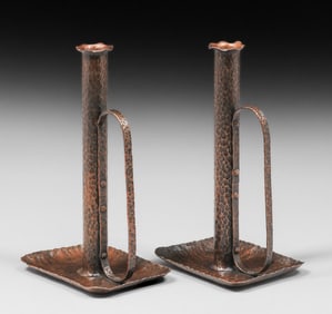 Pair Arts & Crafts Hammered Copper One-Handled Candlesticks c1910