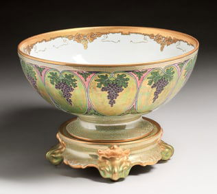 American Arts & Crafts Hand-Decorated Limoge Porcelain Punch Bowl & Stand c1910