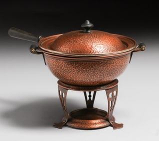 Joseph Heinrichs Hammered Copper Cutout Chafing Dish & Stand c1910s