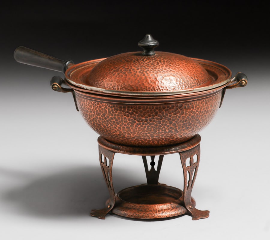 Joseph Heinrichs Hammered Copper Cutout Chafing Dish & Stand c1910s (1 of 11)