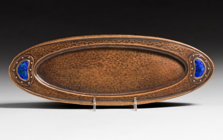 English Arts & Crafts Hammered Copper & Enamel Oval Tray c1900