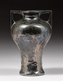 Fulper Pottery Mottled Mirror Black Two-Handled Vase c1910s