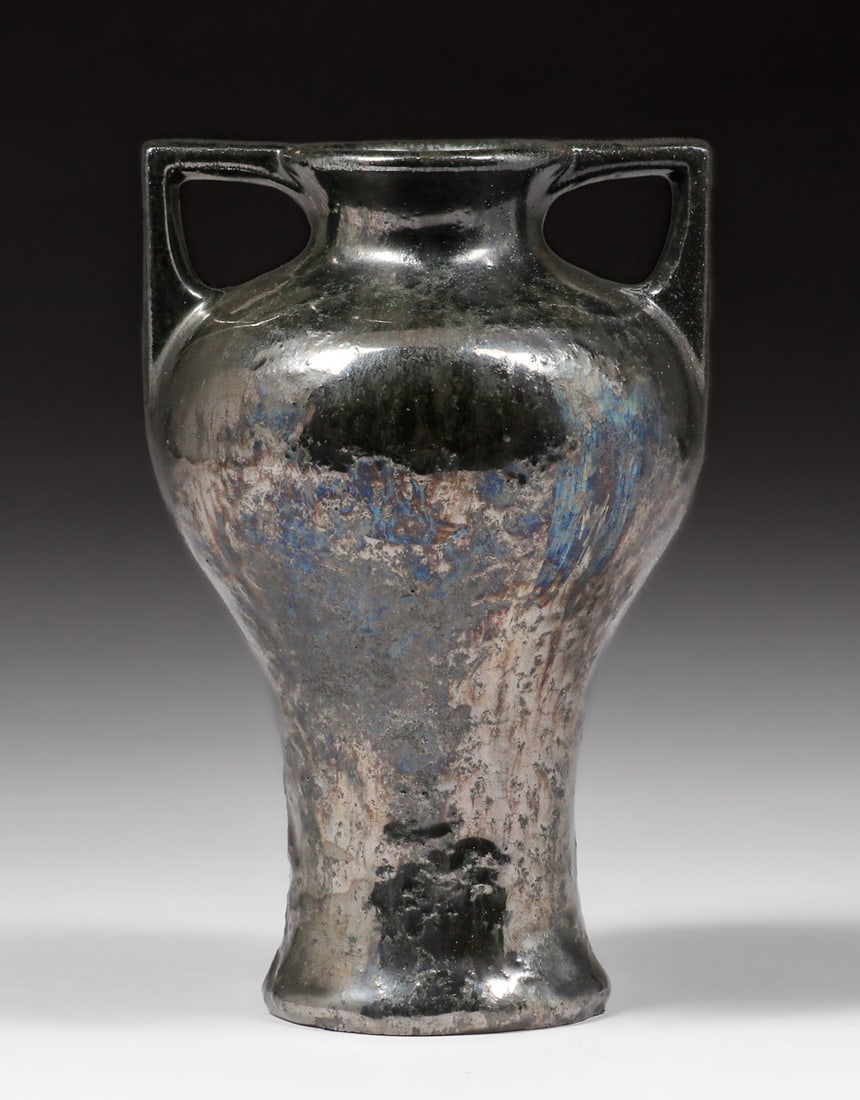 Fulper Pottery Mottled Mirror Black Two-Handled Vase c1910s (1 of 5)