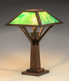 Arts & Crafts Oak & Green Slag Glass Lamp c1910