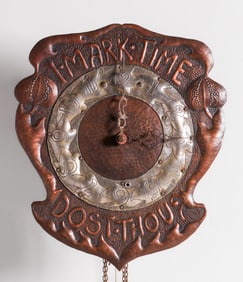 English Arts & Crafts Hammered Copper Hanging Wall Clock c1900