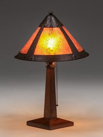 Arts & Crafts Oak, Hammered Copper & Mica Lamp c1910s