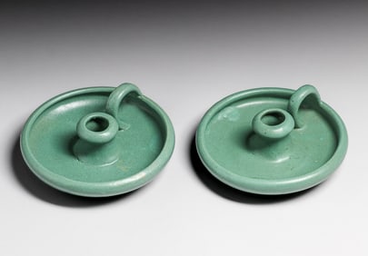Pair Zanesville Stoneware D15 Matte Green Candlesticks c1920s