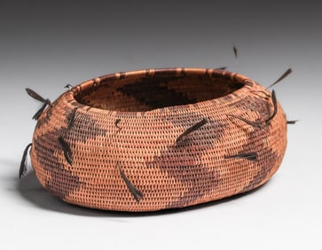 Small Native American Quail Feather Basket - Pomo Tribe c1900s