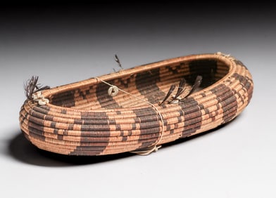 Small Native American Quail Feather & Clam Shell Basket - Pomo Tribe c1900s