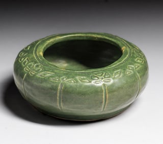 Arts & Crafts Hand-Carved Studio Matte Green Bowl c1910s