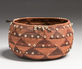 Native American Quail Feather & Clam Shell Basket c1900s