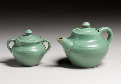Zanesville Stoneware Matte Green Sugar & Creamer c1920s