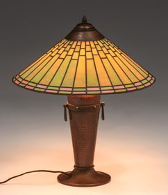 Roycroft Hammered Copper & Leaded Glass Lamp c1910