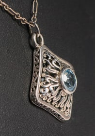 Arts & Crafts Period Sterling Silver & Faceted Aquamarine Pendant Necklace c1920s