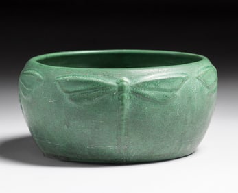 Weller Bedford Matte Green Dragonfly Bowl c1910s