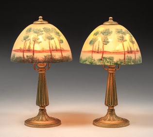 Pair Arts & Crafts Period Reverse-Painted Boudoir Lamps c1920
